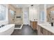 Modern bathroom featuring double vanity and walk-in shower at 160 Cedarwood Ln, Roswell, GA 30075