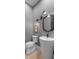 Modern powder room with pedestal sink, unique lighting, and geometric mirror at 160 Cedarwood Ln, Roswell, GA 30075