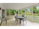 Screened back porch featuring wood flooring, a glass table, and beautiful views of the private backyard at 3616 Longfellow Trl, Marietta, GA 30062