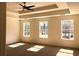 Spacious main bedroom boasts trey ceiling, ceiling fan, and natural light from three windows at 195 Ridgecrest Way, Stockbridge, GA 30281