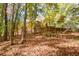 View of property from wooded backyard with brick wall and iron fence at 115 Russell Rd, Roswell, GA 30075
