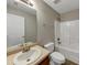 Bathroom showcasing a single sink vanity, a toilet, and a shower-tub combo at 141 Whimsical Ct, Locust Grove, GA 30248