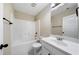 Small bathroom with white vanity and tub at 6235 Stillwood Ln, Cumming, GA 30041