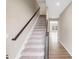 Stairway with carpeted steps, dark wood handrail, and light-colored walls and wood floors at 123 Cherry Glen Way, Euharlee, GA 30145