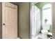 Bathroom with shower, toilet, and a window at 570 Pleasant Grove Rd, Mcdonough, GA 30252