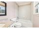 Bathroom with shower/tub combo and granite vanity at 206 Woodridge Pkwy, Canton, GA 30115