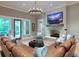 Finished basement with a fireplace, sectional sofa, and access to backyard at 3244 Stillhouse Rd, Atlanta, GA 30339