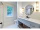 Modern bathroom with white vanity, a large mirror, and stylish lighting at 3244 Stillhouse Rd, Atlanta, GA 30339