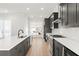Modern kitchen with dark cabinetry, quartz countertops, and a large island at 124 Stonehouse Dr, Cumming, GA 30040