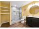 Basement bathroom with walk-in shower, floating shelves, and modern vanity at 6820 Milbury Ct, Alpharetta, GA 30005