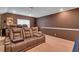 Spacious media room with tiered seating, plush leather recliners, and ambient lighting at 532 Barlow Pl, Grayson, GA 30017