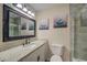 Bathroom with granite countertop and updated shower at 912 Northridge Nw Dr, Conyers, GA 30012