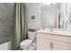 Clean bathroom with a shower/tub combo and white vanity at 505 Stagecoach Bnd, Smyrna, GA 30080