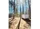 View of backyard area showing mature trees, leaves and a white storage container at 869 Meadow Rock Way, Stone Mountain, GA 30083