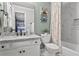 Charming bathroom with granite countertop, white cabinets, and marble shower at 9550 Rod Rd, Johns Creek, GA 30022