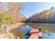 Wooden dock extending over calm water with a view of the autumn trees at 686 Newton Factory Bridge Rd, Covington, GA 30014