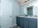 Updated bathroom with double vanity and gray cabinets at 8140 Highland Dr, Covington, GA 30014