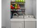 Functional laundry room with modern washer and dryer, featuring storage shelves for supplies at 1058 Piedmont Ne Ave # 302, Atlanta, GA 30309