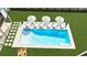 Aerial view of a backyard pool with lounge chairs, umbrellas, and a well-maintained lawn, perfect for relaxation and outdoor entertainment at 4973 Concert Ln, Marietta, GA 30066