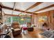 Cozy living room with wood paneled walls, exposed beams, and a fireplace at 3781 Narmore Ne Dr, Atlanta, GA 30319