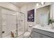 Clean bathroom, featuring a shower, toilet and modern vanity at 131 Bennett Farm Dr, Loganville, GA 30052