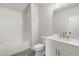 Bathroom with white subway tile and vanity at 507 Pearl St, Cumming, GA 30040