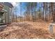 Wooded backyard with shed and lot marker at 7825 Brands Hatch Blvd, Cumming, GA 30040