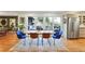 Modern dining area with a light wood table and blue chairs, overlooking the backyard at 1389 Dogwood Se Cir, Smyrna, GA 30080