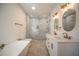 Elegant bathroom featuring double vanity and marble shower at 2880 Joyce Ave, Decatur, GA 30032