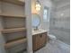 Modern bathroom with floating vanity and walk-in shower at 135 Cedarwood Ln, Roswell, GA 30075