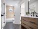 Modern bathroom with hexagon tile floor and a floating vanity at 4485 Coventry Ne Way, Roswell, GA 30075