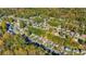 Aerial view of a residential neighborhood with houses surrounded by lush trees and fall foliage at 5541 Downs Way, Lithonia, GA 30058