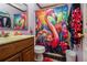 Bathroom with flamingo shower curtain and wood vanity at 1275 Poole Bridge Rd, Hiram, GA 30141