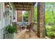 Inviting covered porch with stone pillars, ceiling fan, and comfortable seating area at 9032 Selborne Ln, Chattahoochee Hills, GA 30268