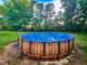 Backyard showing an above-ground pool with a wooden exterior, surrounded by green grass and trees at 12524 Highway 36, Covington, GA 30014