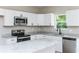 Beautiful kitchen featuring stainless steel appliances and granite countertops with white cabinets at 121 Hunters Ln, Powder Springs, GA 30127