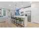 Modern kitchen with white cabinets, blue accent wall, and island with seating at 8194 Tiger Way, Riverdale, GA 30274