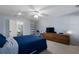 Bedroom featuring neutral walls, ceiling fan, large dresser, blue bedding, and carpet at 183 Applewood Ln, Acworth, GA 30101