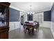 Elegant dining room with wainscoting, wood floors and updated lighting fixture at 183 Applewood Ln, Acworth, GA 30101