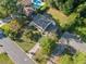 Aerial view of a two-story home featuring a spacious yard, established landscaping, and a refreshing backyard pool at 1354 Drayton Woods Dr, Tucker, GA 30084