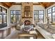 Living room with stone fireplace and expansive windows offering scenic views at 571 Glen Eagles Se Cir, Marietta, GA 30067