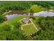 Aerial view showcasing a home's serene setting near a lake at 833 Hines Rd, Moreland, GA 30259