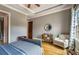 Bedroom with hardwood floors, gray walls, and comfortable seating at 833 Hines Rd, Moreland, GA 30259