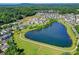 Beautiful aerial view of homes around a pond with walking trail in a lush green community at 5890 Bond St, Cumming, GA 30040
