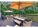 Deck with patio furniture, umbrella, and wooded view at 9585 Hutcheson Ferry Rd, Palmetto, GA 30268