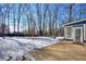 Partially snow-covered backyard with patio and wooded area at 4593 Bexley Way, Stone Mountain, GA 30083