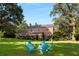 Spacious backyard with lush lawn and blue chairs around a firepit at 2100 Davis Academy Rd, Rutledge, GA 30663