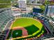 An aerial shot of a baseball field, showing the infield, outfield, and stadium seating at 1708 Evenstad Way, Smyrna, GA 30080