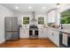 Modern white kitchen with stainless steel appliances and hardwood floors at 1183 Cahaba Dr, Atlanta, GA 30311