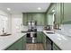 Modern kitchen with green cabinets, island, and stainless steel appliances at 607 Ann Ct, Woodstock, GA 30188